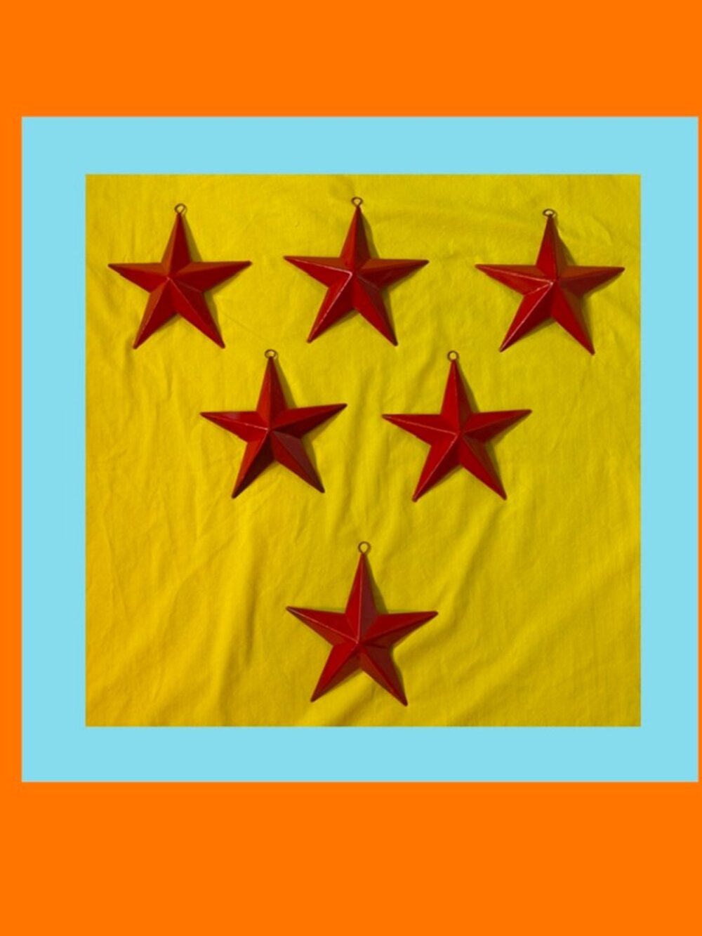 Six (6) Red Painted Tin Star with Hanging Loop 6 3/4" by 6 3/4" Six (6) 16006B